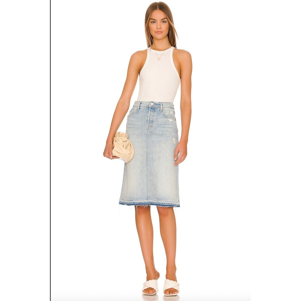Mother Vagabond Midi Undone Hem Skirt 32 Vacation Temptation Light Wash